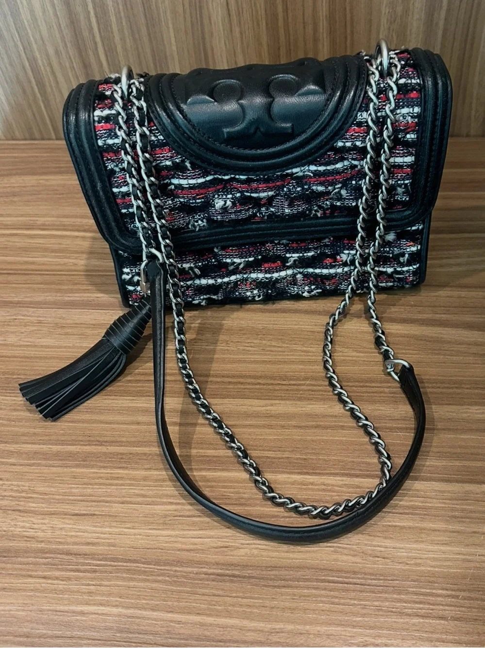 Tory Burch Tweed Chain-Handle Flap Shoulder Crossbody Bag with Tassel Black